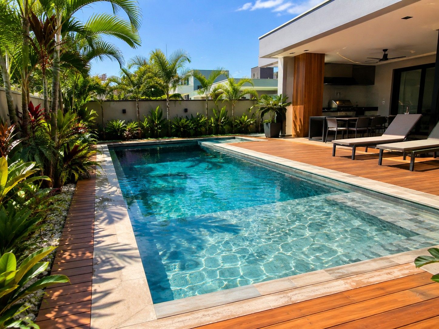 Projeto de piscina com prainha, borda de pedra clara e deck de madeira ao lado da área gourmet.