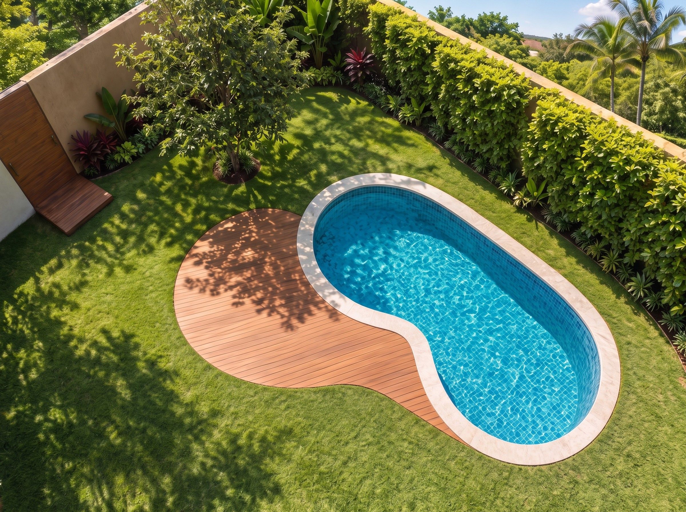 Projeto de piscina orgânica com deck de madeira curvo sobre o gramado, em vista aérea.