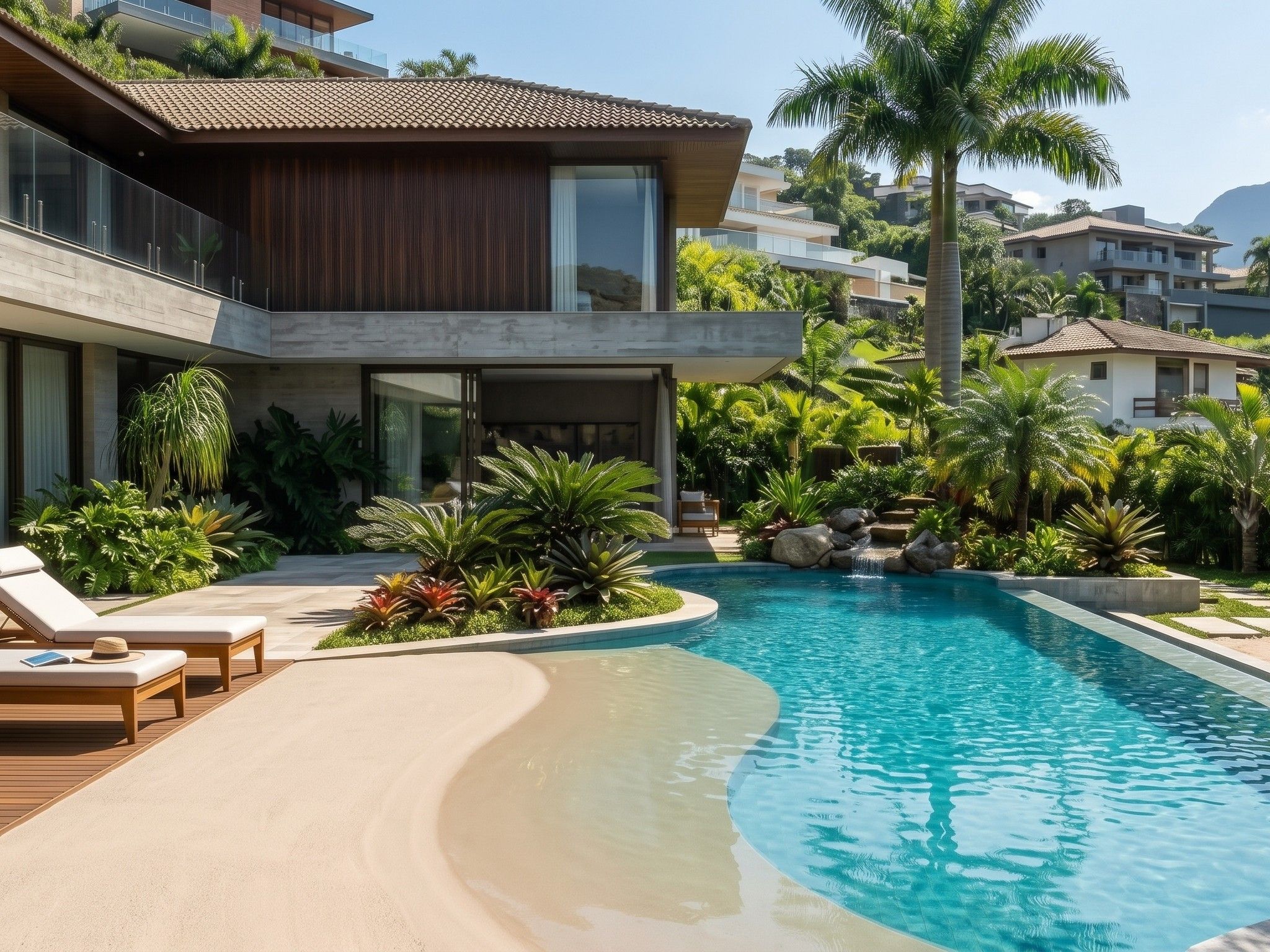 Projeto de piscina com entrada estilo praia, cascata de pedras e paisagismo tropical.