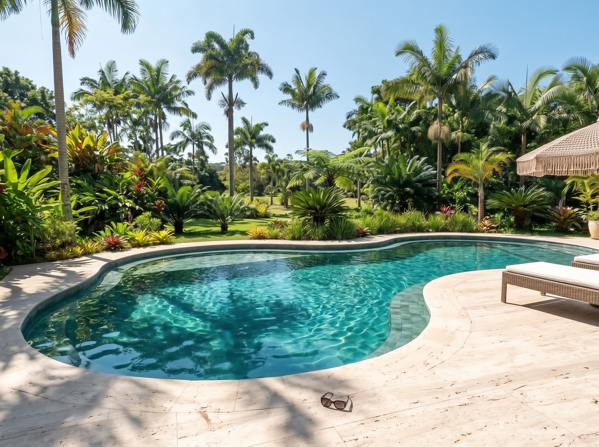 Projeto de piscina orgânica com revestimento verde-água e borda de pedra clara em jardim tropical.
